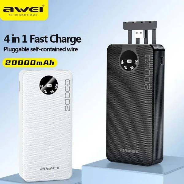 Awei P134K 4 in 1 20000mAh Mobile Power Bank with PD22.5W Fast Charging - C/Lightning/Micro Cable Power Bank